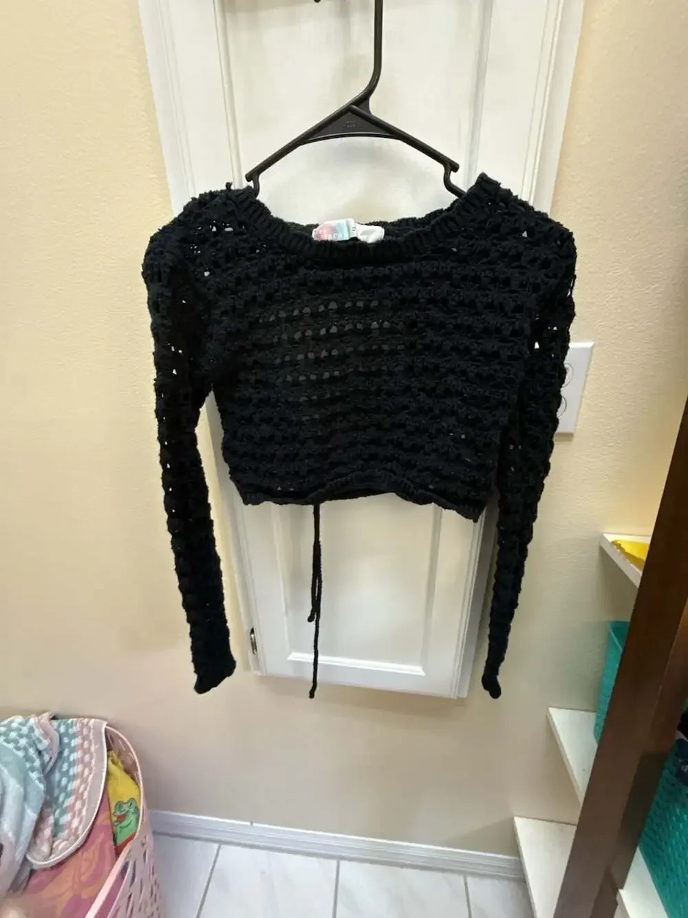 Free People FP Beach Black Open-Knit Crochet Cropped Sweater with Back Tie